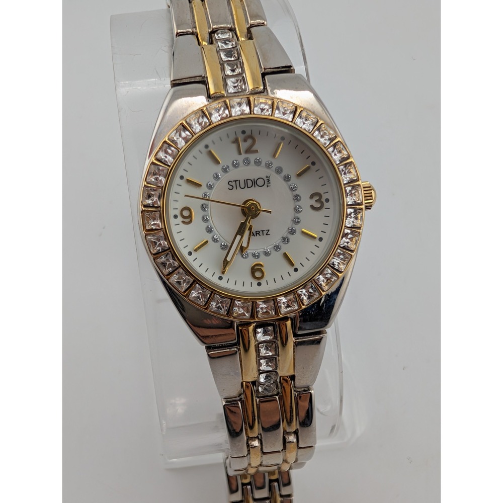Studio Time Women's Watch 26mm Case Crytal Bezel 7.5" Two Tone Band- New Battery